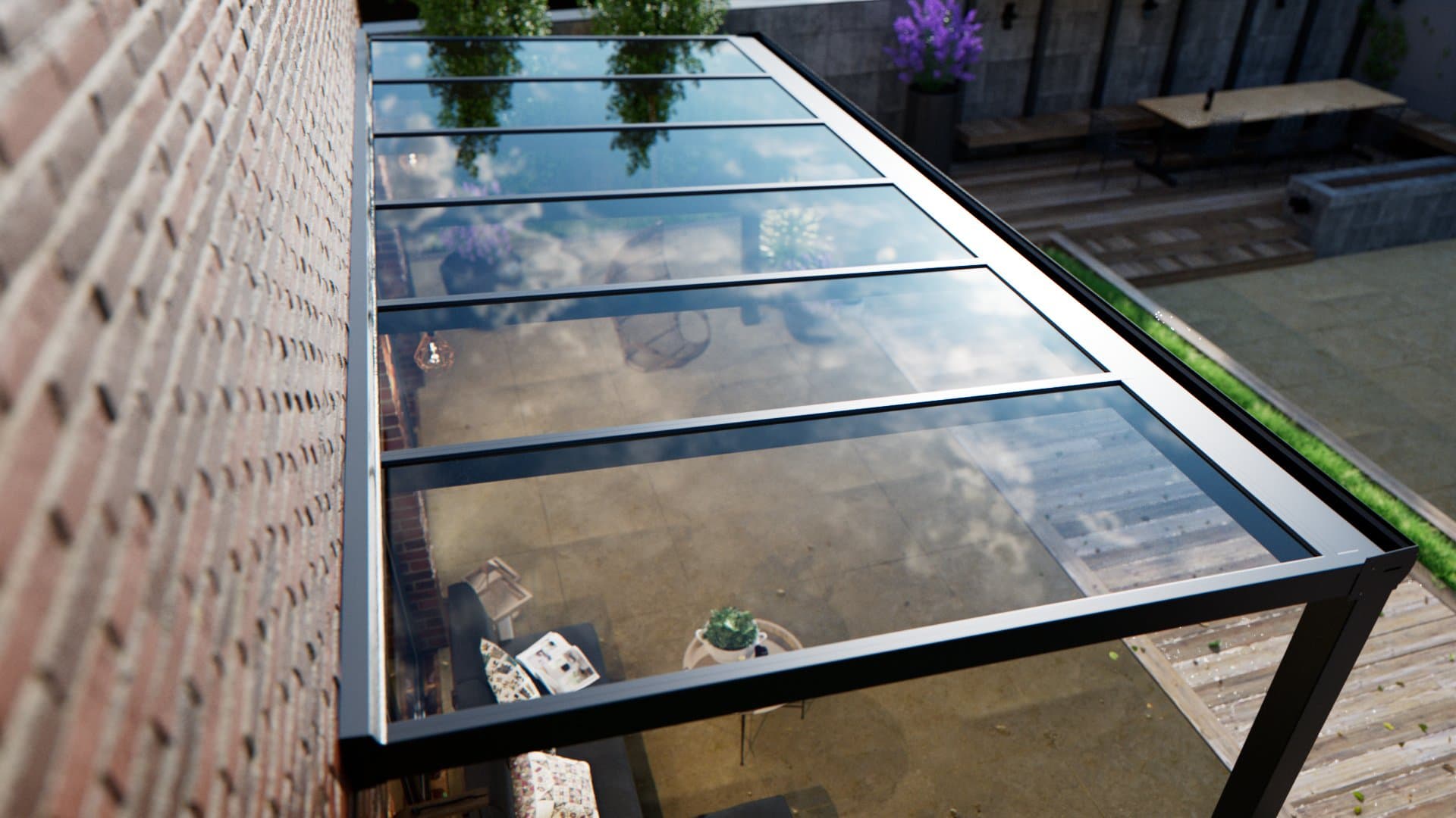 Bovenaanzicht van de glazen dakplaten van een Premium Veranda met slanke aluminium profielen