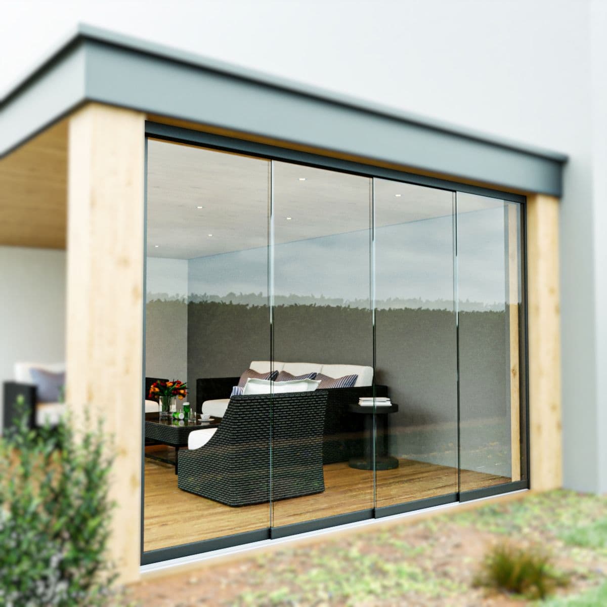 Moderne tuinkamer met antraciet glazen schuifwanden in een houten overkapping